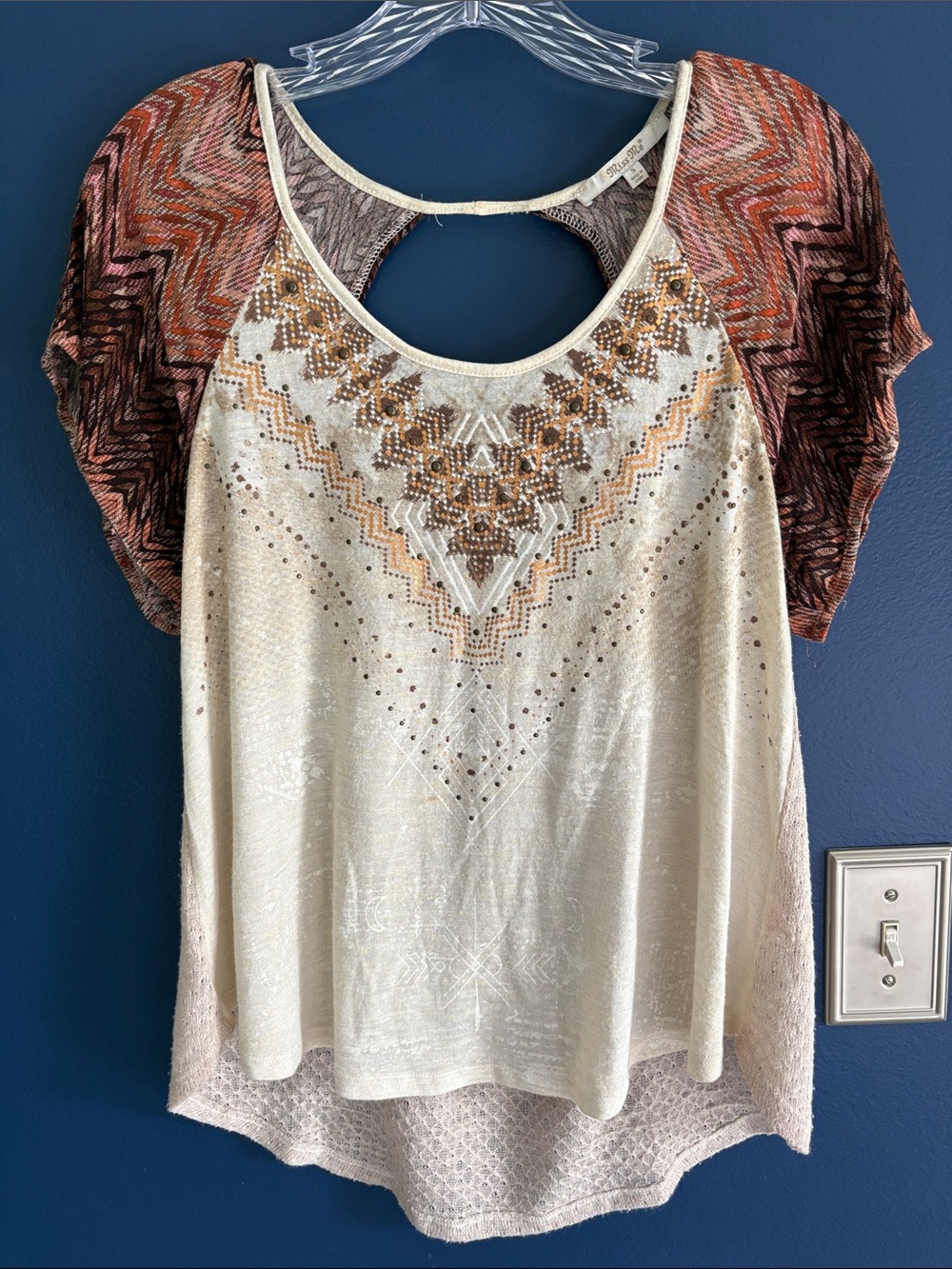 Miss Me Ivory Top with Rust Chevron Sleeves